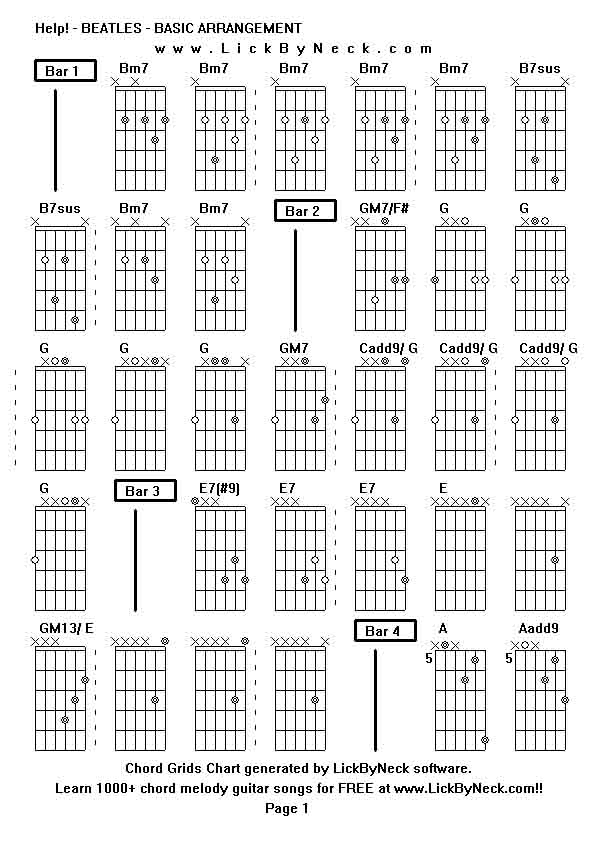 Chord Grids Chart of chord melody fingerstyle guitar song-Help! - BEATLES - BASIC ARRANGEMENT,generated by LickByNeck software.